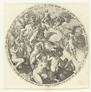 De gezegenden worden ontvangen in de hemel door Hendrick Goltzius