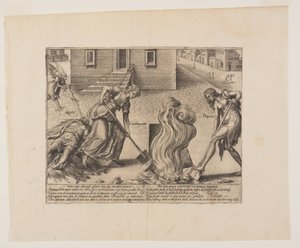 Dood van de dwaze procespartij, uit Litis Abusus (De misbruiken van de wet) door Hendrick Goltzius