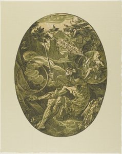 Demogorgon in de grot van de eeuwigheid, plaat één uit Demogorgon en de goden door Hendrick Goltzius