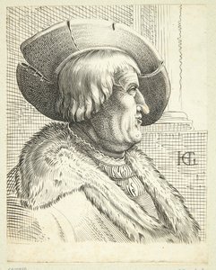 Fantasieportret van oude man met hoed in profiel door Hendrick Goltzius