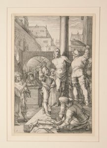 Geseling van Christus, uit De Passie, #6 in een serie van 12 gravures door Hendrick Goltzius