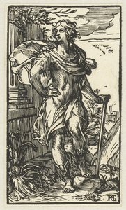 Jongeman met wandelstok door Hendrick Goltzius