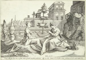 Juno vermomd als Beroë waarschuwt Semele door Hendrick Goltzius
