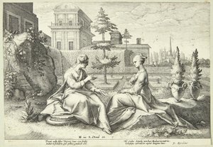 Juno vermomd als Beroë waarschuwt Semele door Hendrick Goltzius