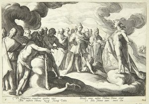 Jupiter en de goden vragen Helios om de controle over de zonnewagen te hervatten door Hendrick Goltzius