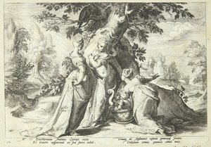 De dochters van Kekrops openen de mand die hen door Minerva is toevertrouwd door Hendrick Goltzius