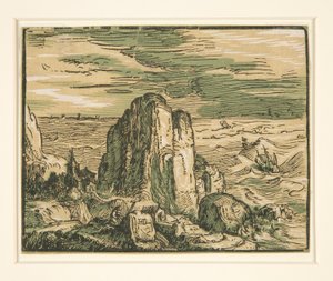 Landschap met klif aan de kust door Hendrick Goltzius
