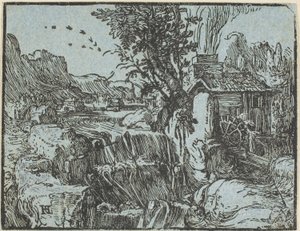 Landschap met een waterval, uit Vier kleine landschappen door Hendrick Goltzius