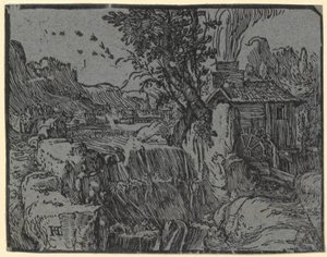 Landschap met waterval en molen, blad 1 uit de reeks "Vier kleine landschappen"