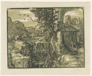 Landschap met waterval (Vier kleine landschappen) door Hendrick Goltzius