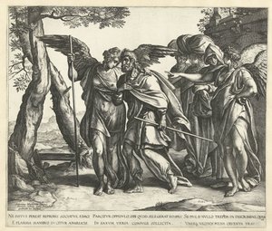 Lot ontvlucht Sodom met zijn vrouw en dochters door Hendrick Goltzius
