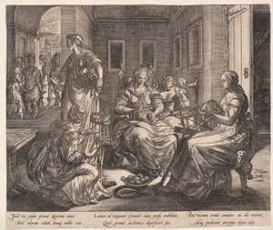 Lucretia en haar vrouwen spinnen, uit Het verhaal van Lucretia