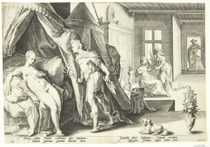 Mercurius betreedt de kamer van Herse nadat hij Agraulos in steen heeft veranderd door Hendrick Goltzius