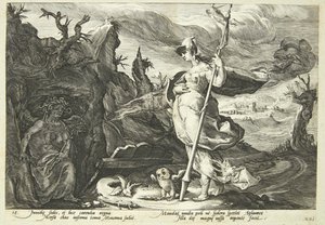 Minerva beveelt afgunst om het hart van Agraulos met jaloezie te vullen door Hendrick Goltzius