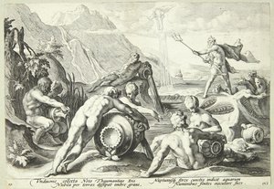 Neptunus plant de vernietiging van de mensheid door Hendrick Goltzius