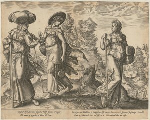 Orpa neemt afscheid van Ruth en Naomi [blad 1] en Ruth in het veld bij Boaz [blad 2], blad 1 en 2 van de serie "Het verhaal van Ruth" door Hendrick Goltzius