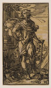 Staande jonge man met stok door Hendrick Goltzius