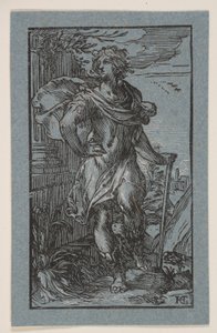 Staande jonge man met stok door Hendrick Goltzius