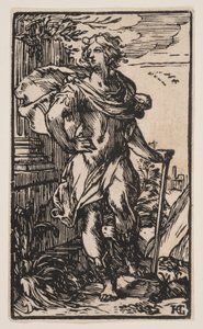 Staande jonge man met stok door Hendrick Goltzius