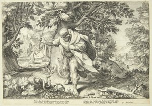 Teiresias slaat twee parende slangen met zijn stok door Hendrick Goltzius