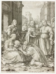 De Aanbidding der Wijzen, plaat vijf uit De Geboorte en Vroege Leven van Christus door Hendrick Goltzius