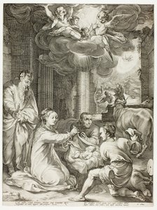 De aanbidding van de herders, plaat drie uit De geboorte en vroege leven van Christus door Hendrick Goltzius