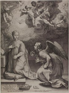 De annunciatie, plaat één uit De geboorte en vroege leven van Christus door Hendrick Goltzius