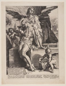 De dode verlosser ondersteund door een engel door Hendrick Goltzius