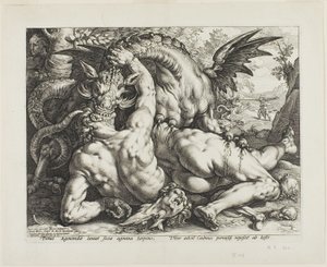 De draak die de metgezellen van Cadmus verslindt door Hendrick Goltzius