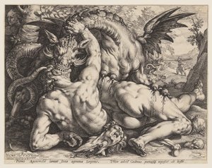 De draak die de metgezellen van Cadmus verslindt door Hendrick Goltzius