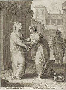 De Visitatie, plaat twee uit De geboorte en het vroege leven van Christus door Hendrick Goltzius