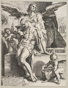 Het lichaam van Christus ondersteund door een engel door Hendrick Goltzius