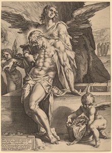 Het lichaam van Christus ondersteund door engelen door Hendrick Goltzius, after Bartholomaeus Spranger