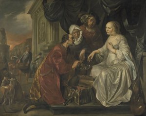 Rebecca ontvangt geschenken van Abrahams dienaar door Hendrick Heerschop