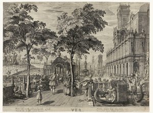 Lente, een gezelschap bij een kasteel door Hendrick Hondius (I)