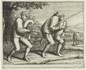 Twee doedelzakspelers (Pelgrimage naar Molenbeek) door Hendrick Hondius (I)