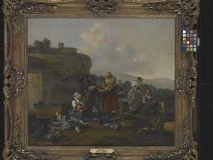 Een groentemarkt in Italië met figuren