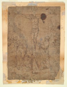 Christus aan het kruis tussen de Maagd en Sint-Jan met scènes van de Passie op de achtergrond door Hendrick de Clerck