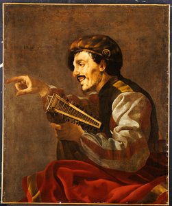 Een Zittende Luitspeler die Wijst door Hendrick ter Brugghen