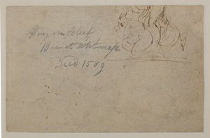 Annotatie door een latere hand. Schets van een gehurkte figuur en een steigerend paard, ?, 16e eeuw