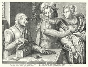 Een jonge man kiest voor liefde voor schoonheid boven rijkdom (gravure)