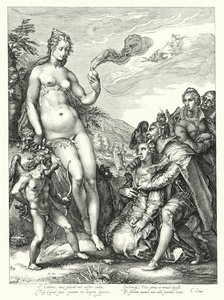 Venus, Cupido en de twee paren geliefden (gravure) door Hendrik (after) Goltzius