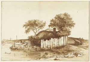 Huisje met omheind erf aan het water door Hendrik Abraham Klinkhamer
