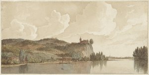 Rivierlandschap met Chokier aan de Maas door Hendrik Abraham Klinkhamer