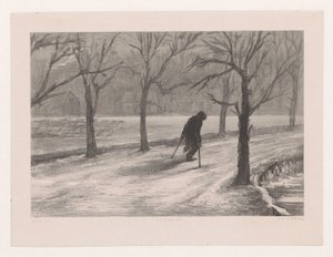 Man op krukken in een winterlandschap door Hendrik Adriaan Christiaan Dekker