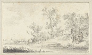 Landschap met een groep van vier personen, links vee