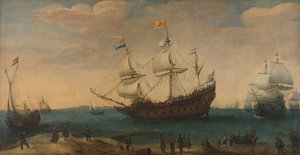 Een aantal Oost-Indiëvaarders voor de kust (De Mauritius en andere Oost-Indiëvaarders varen uit het Marsdiep)