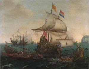 Nederlandse schepen rammen Spaanse galeien voor de Engelse kust, 3 oktober 1602 door Hendrick Cornelisz. Vroom