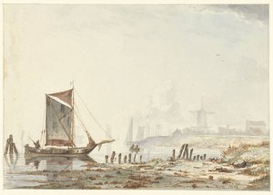 Schepen op een rivier, bij de oever door Hendrik Gerrit ten Cate