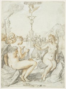 Allegorie op de kunst van het tekenen met het embleem van de kunstenaar, 1612 door Hendrik Goltzius